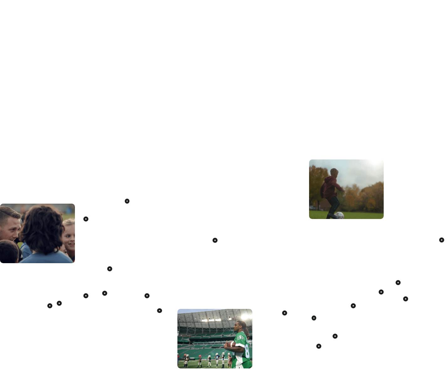 A white map of Canada with location pins and pictures ofchildren playing sports dotted across the country